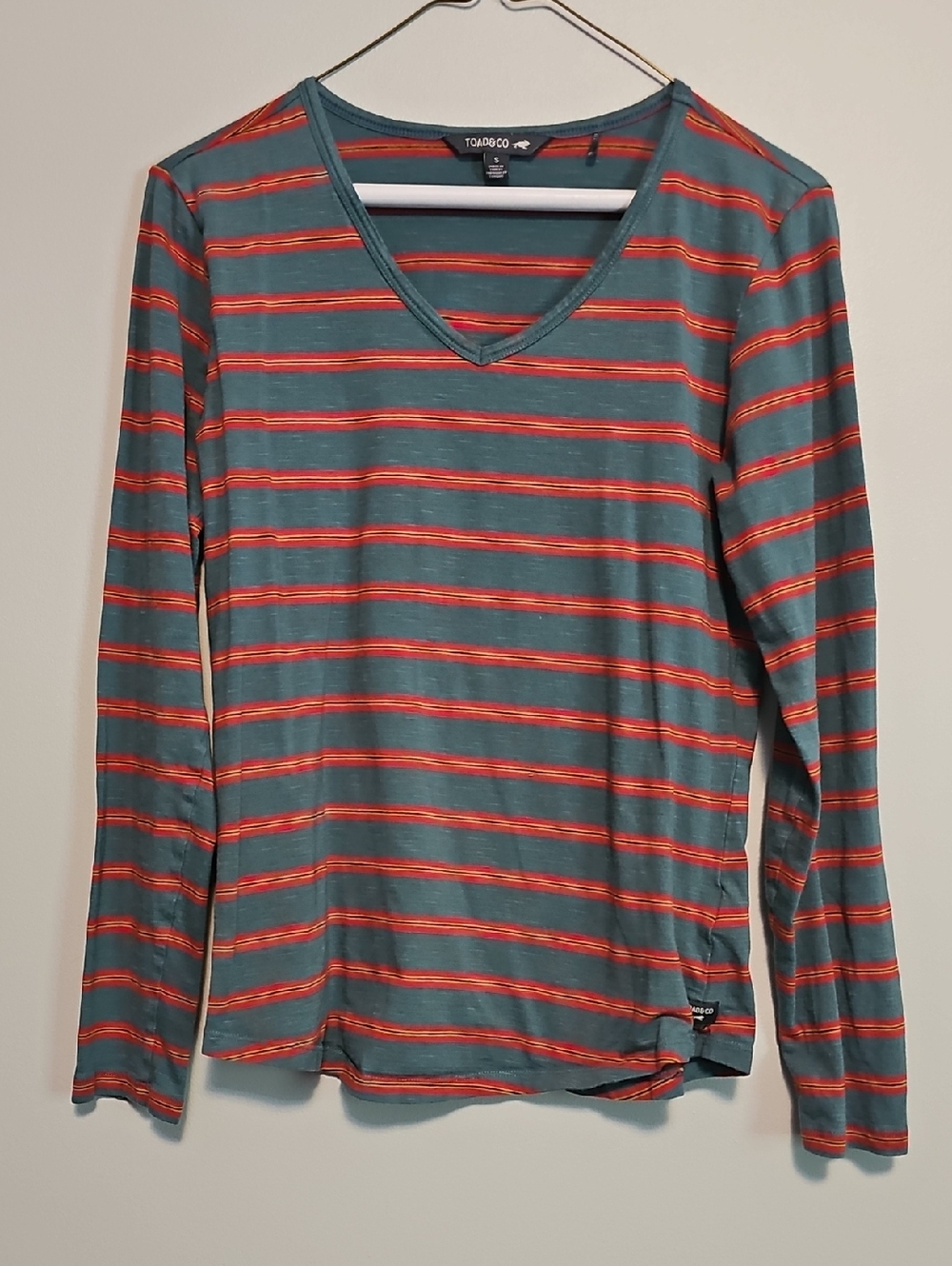 Toad&Co Teal Long-Sleeve V-Neck Top Blue with Orange Stripes